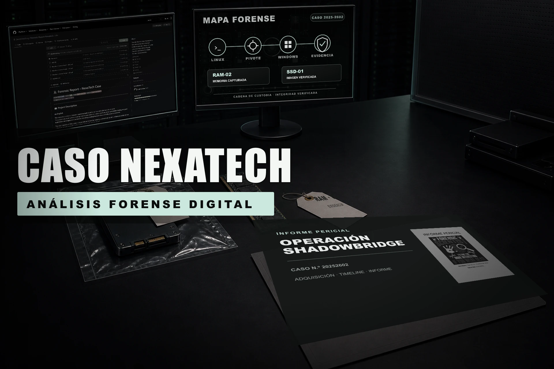 Real GitHub repository and code views from the simulated NexaTech forensic case